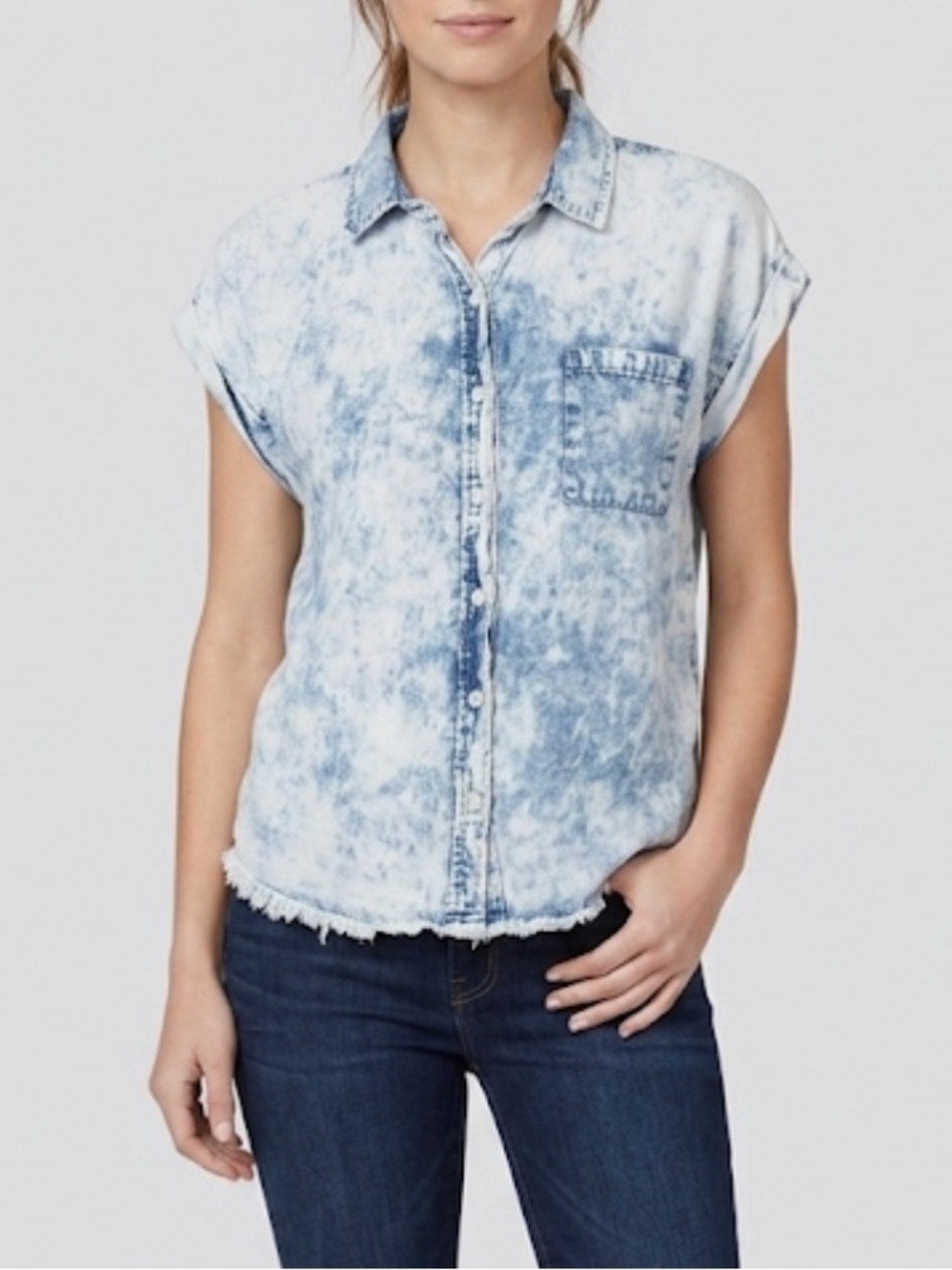 Altar'd State Acid Wash Short Sleeve Button Down Shirt  Medium Frayed Hem Tencel